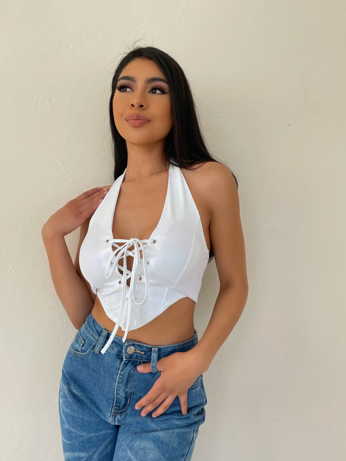 White Iridescent Foil Halter Top