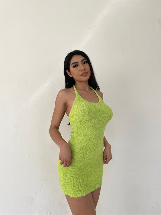 Avocado Fuzzy Halter Mini Dress